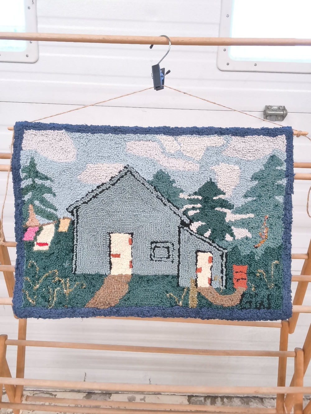"Coastal Cottage in the Pines: A Hand-Hooked Canadiana Folk Art Rug"